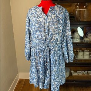 H&M Blue White Linen Blend Tunic Dress Medium M Long Sleeve Drawstring Waist